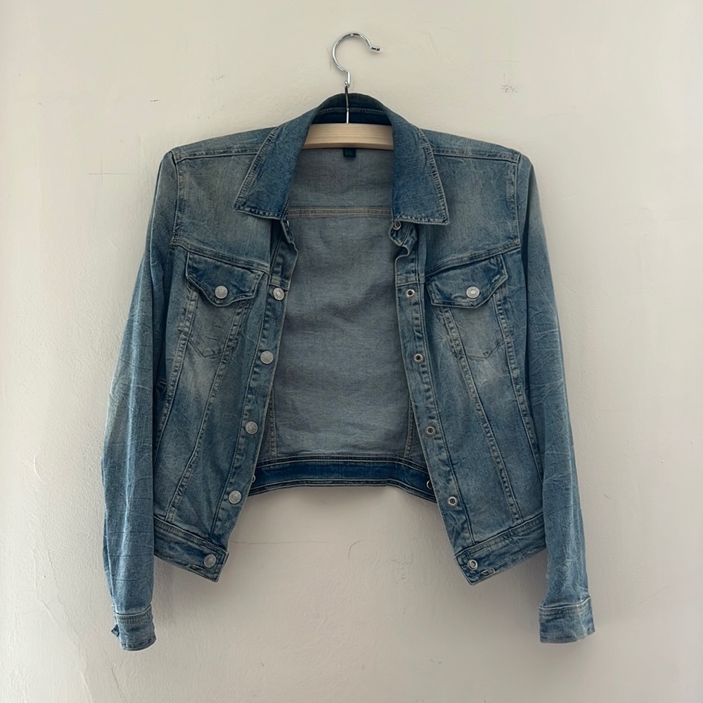 Benetton faded denim jacket with stretch medium size slight damage Not visible